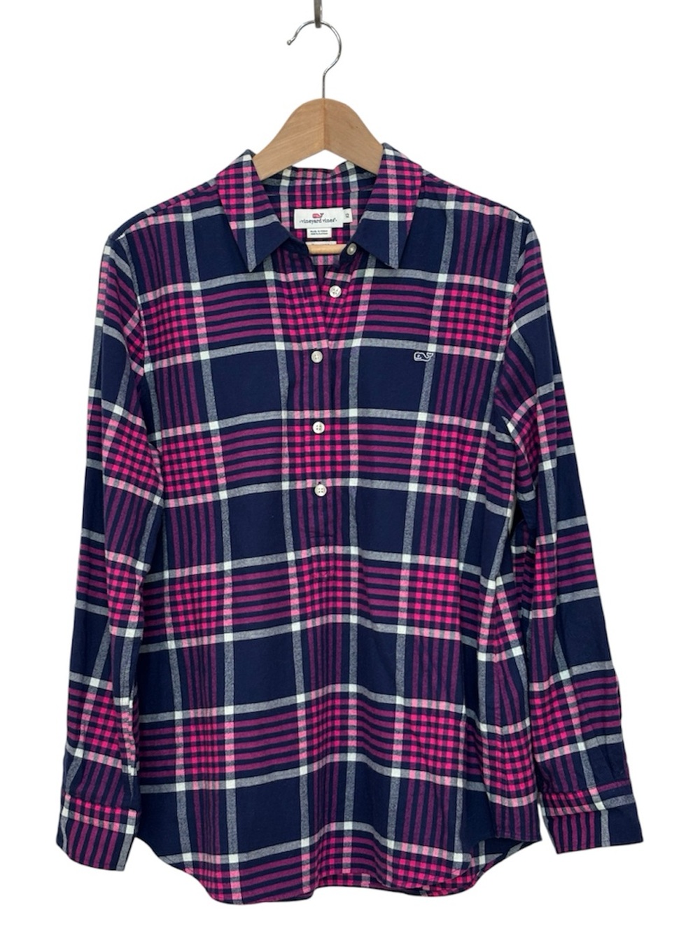 Vineyard Vines Harbor Plaid Relaxed Popover Tunic Shirt Navy Pink Flannel 12